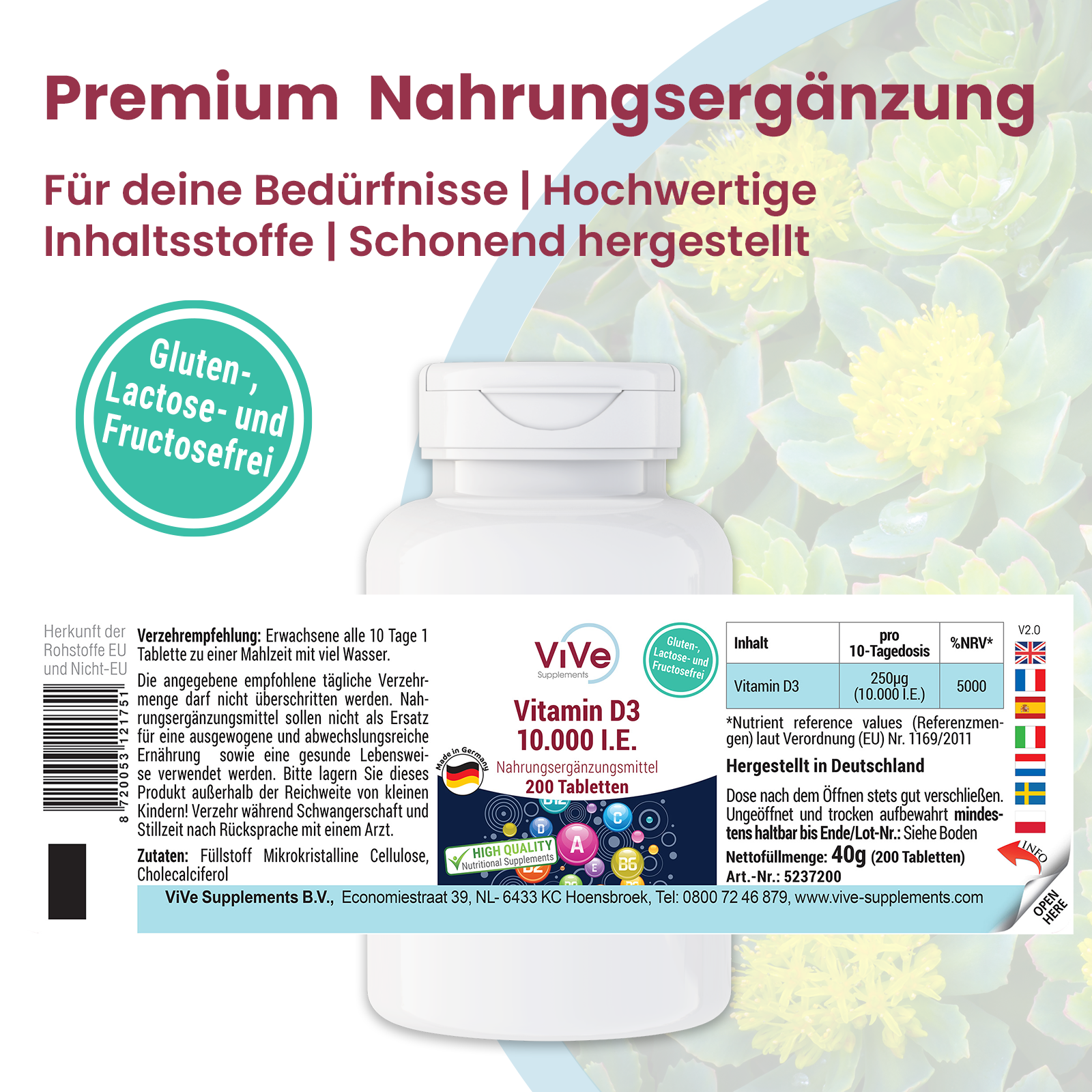 Vitamin D3 10.000 I.E. - 200 Tabletten | Vive Supplements