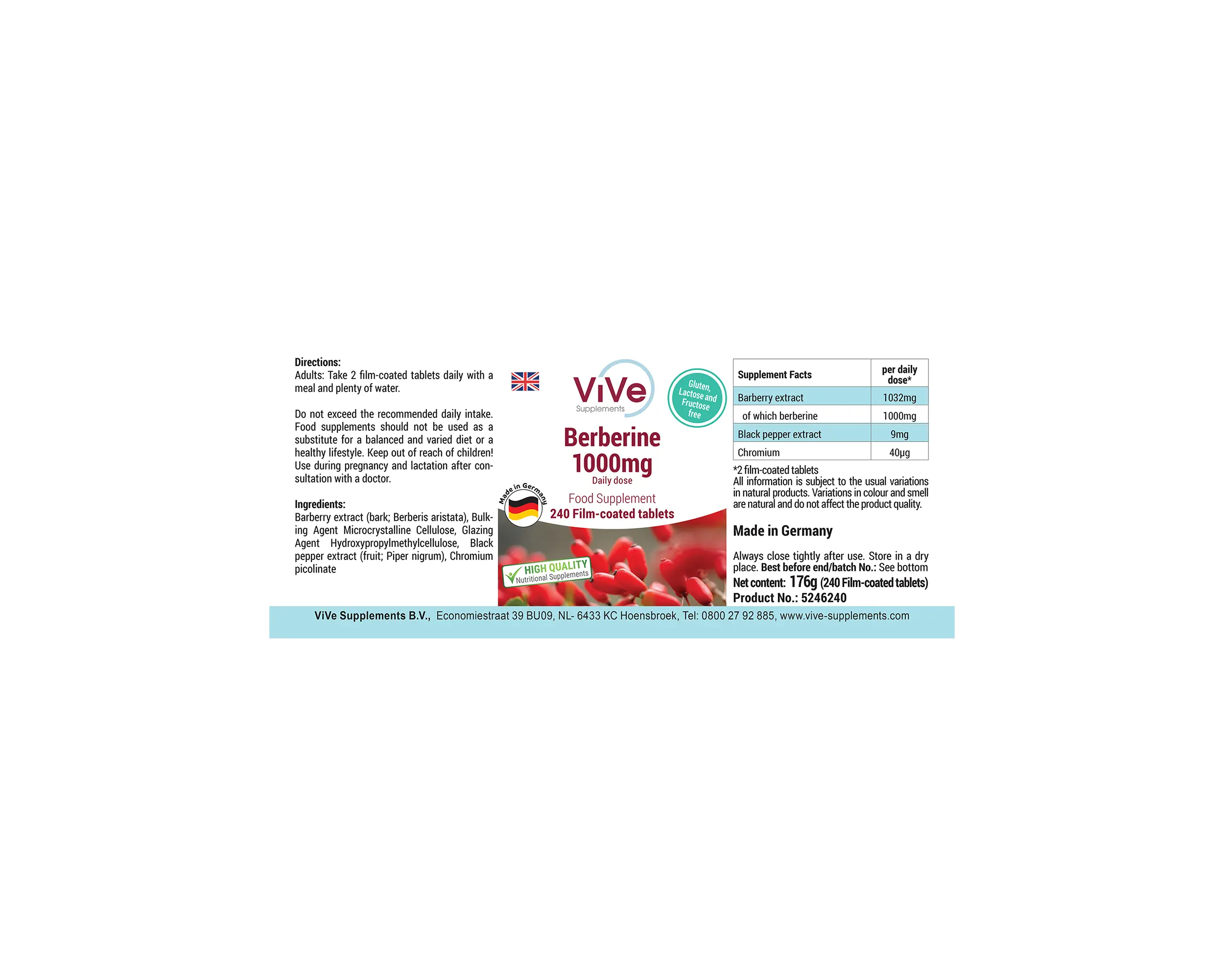 Berberin 1000mg - 240 Filmtabletten | Vive Supplements
