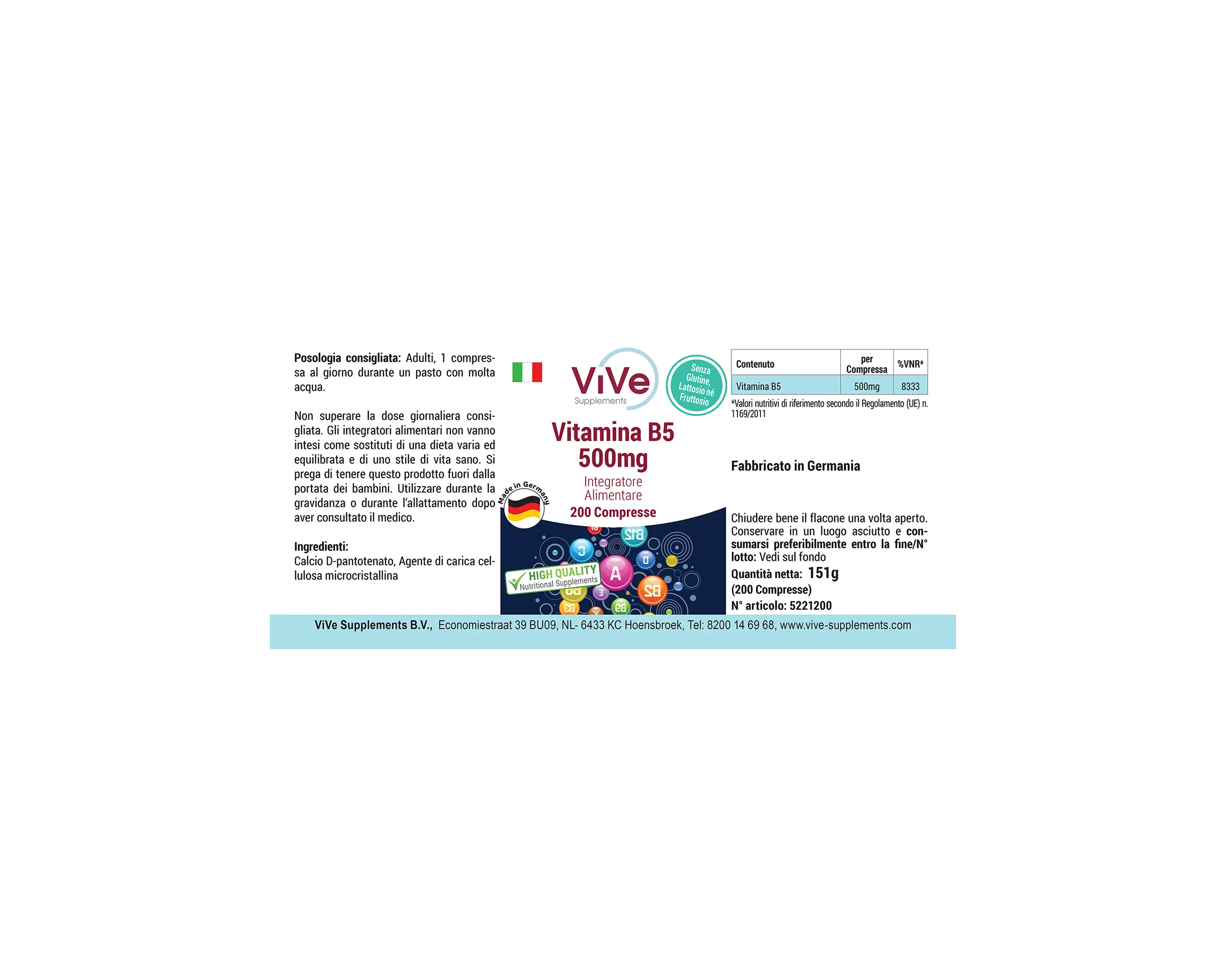 Vitamin B5 500mg - 200 Tabletten | Vive Supplements