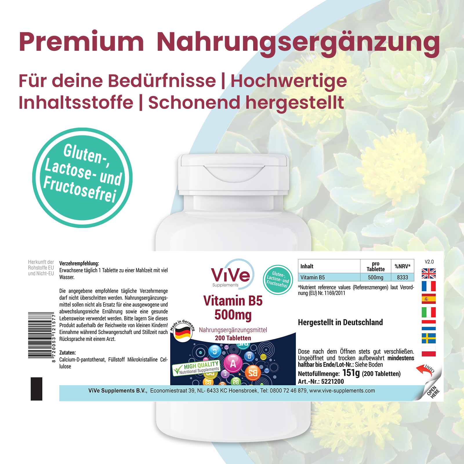 Vitamina B5 500mg - 200 compresse | Vive Supplements