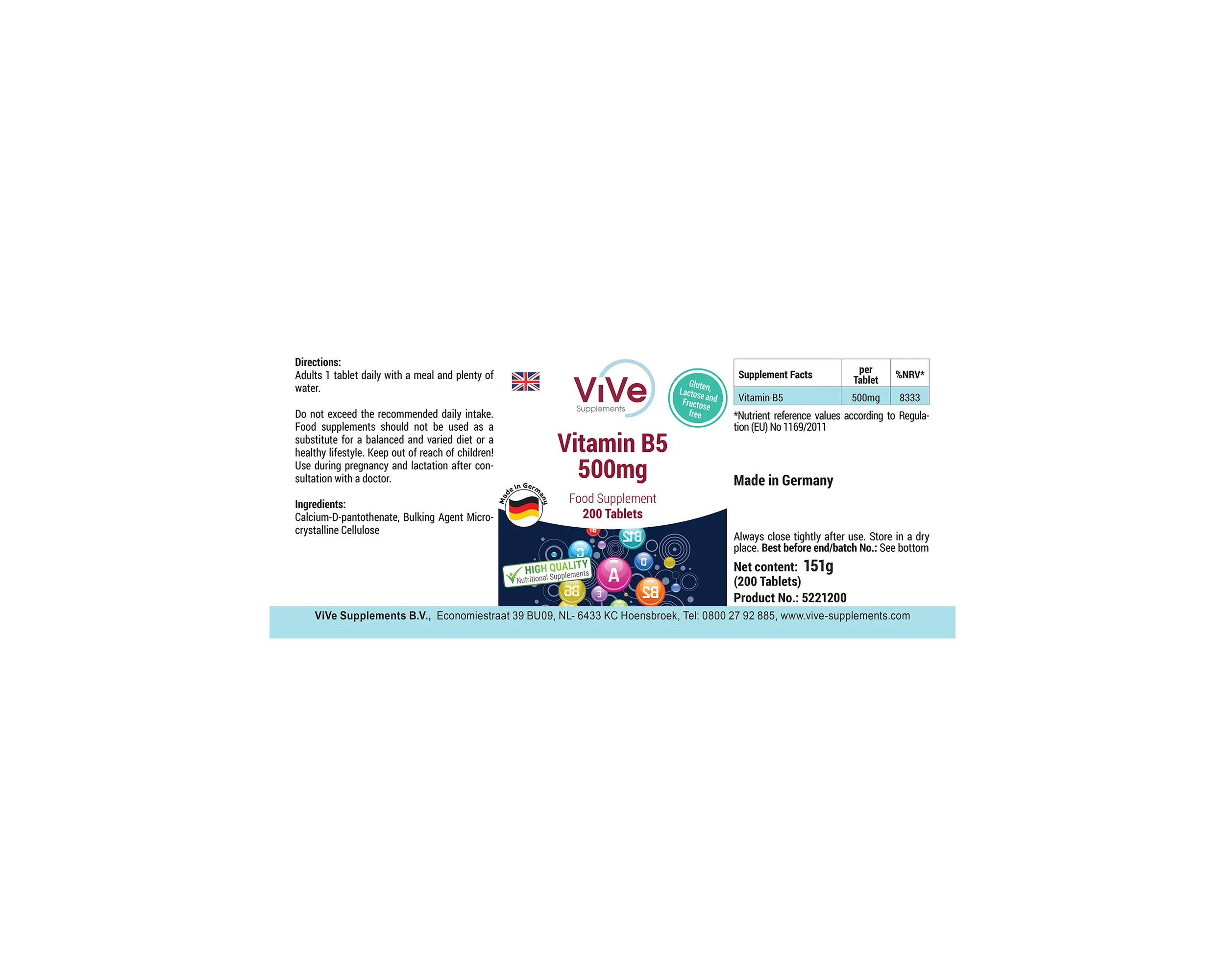 Vitamin B5 500mg - 200 Tabletten | Vive Supplements