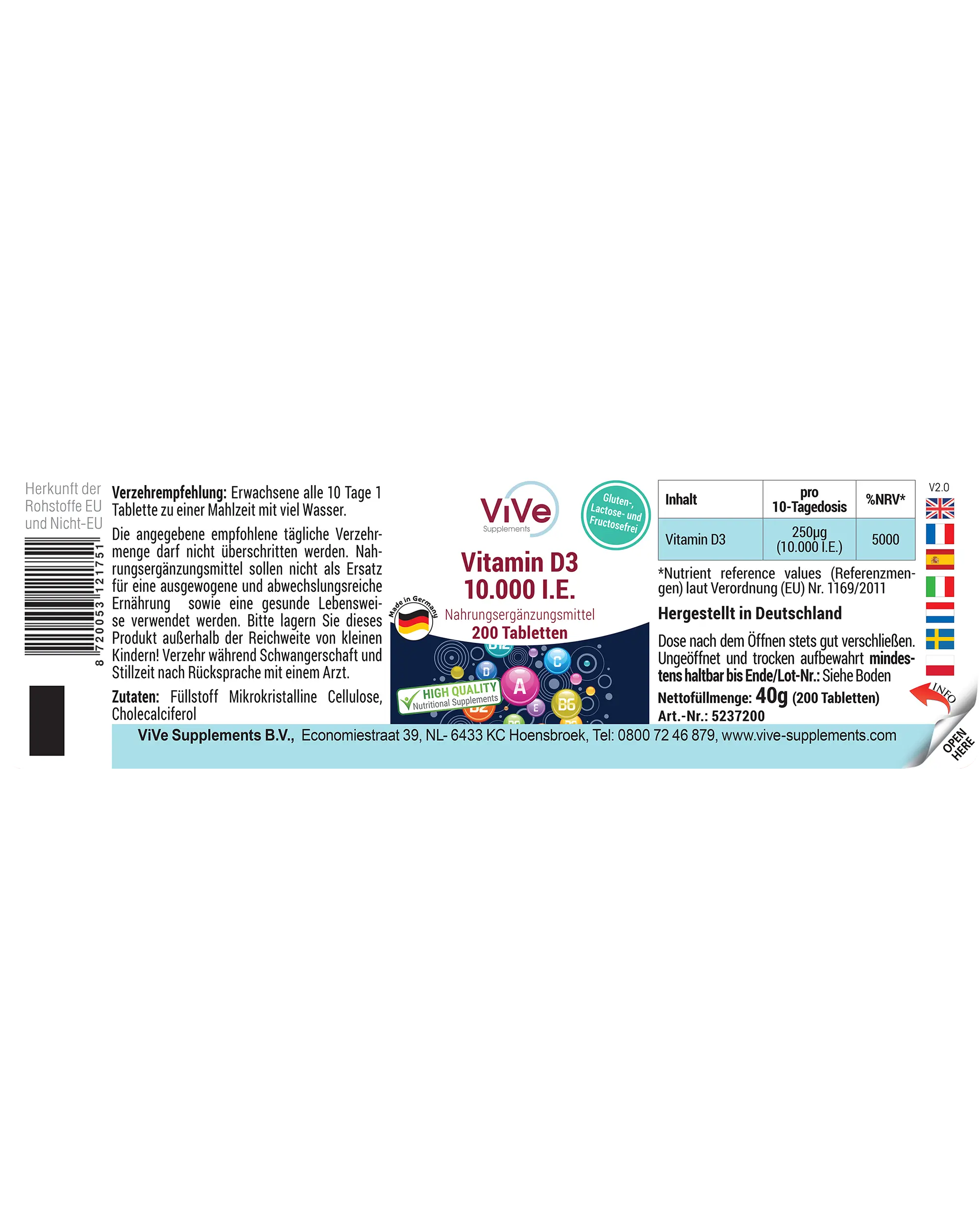 Vitamin D3 10.000 I.E. - 200 Tabletten | Vive Supplements