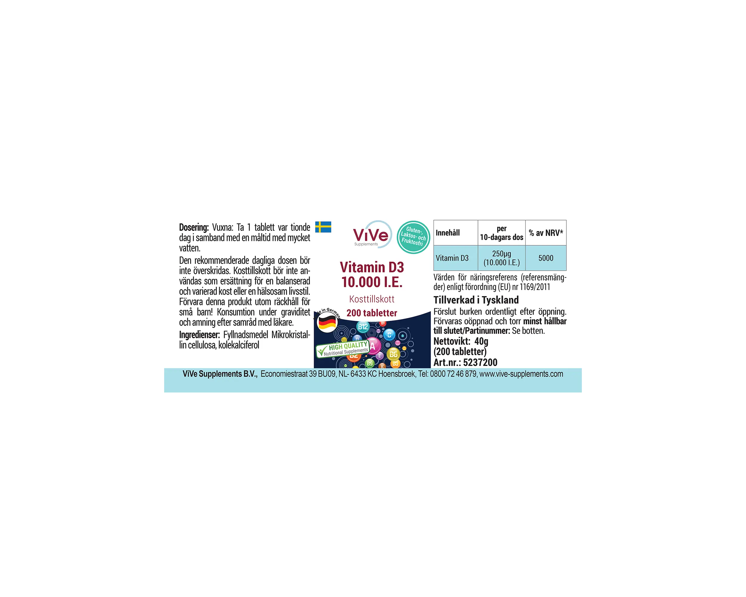 Vitamin D3 10.000 I.E. - 200 Tabletten | Vive Supplements