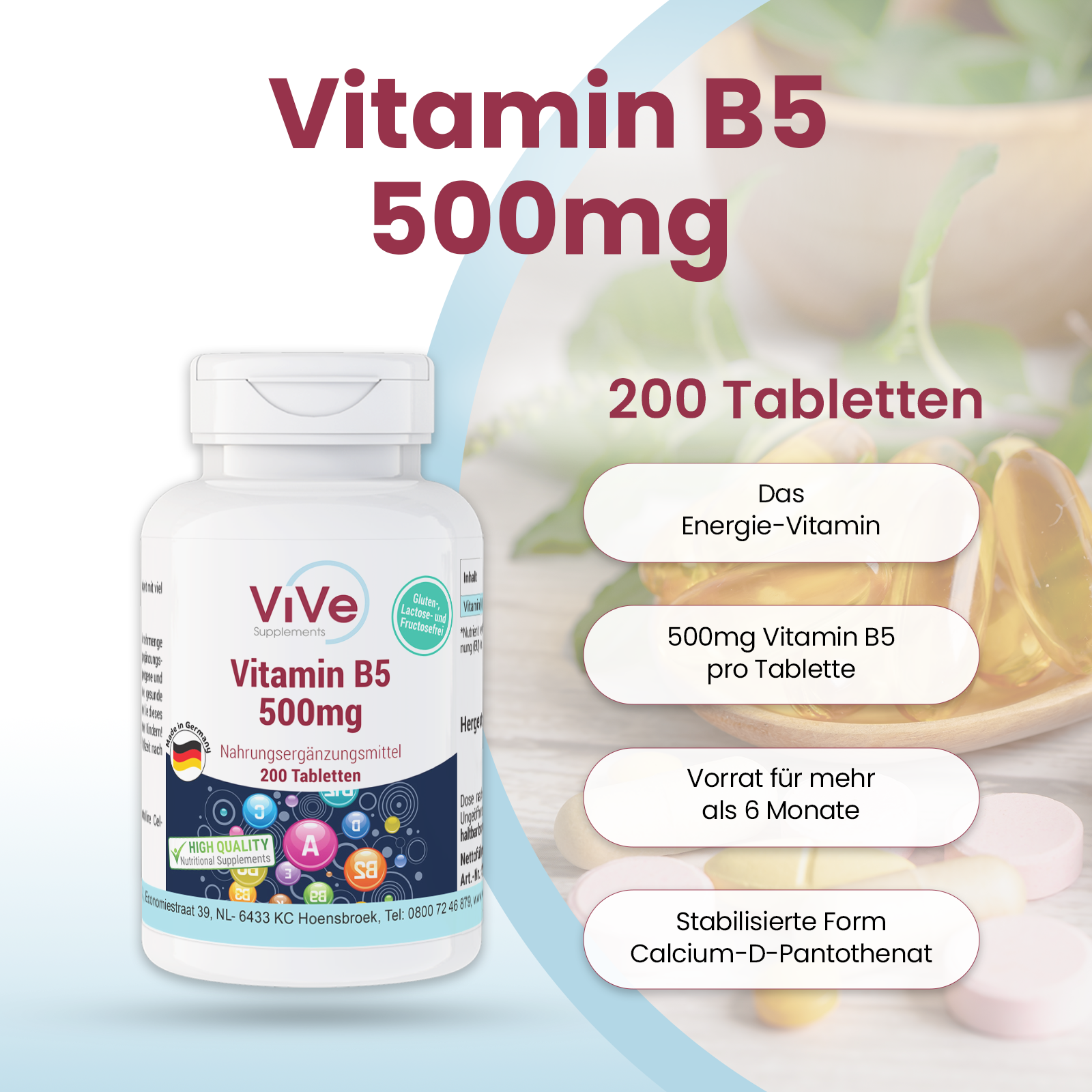 Vitamina B5 500mg - 200 compresse | Vive Supplements