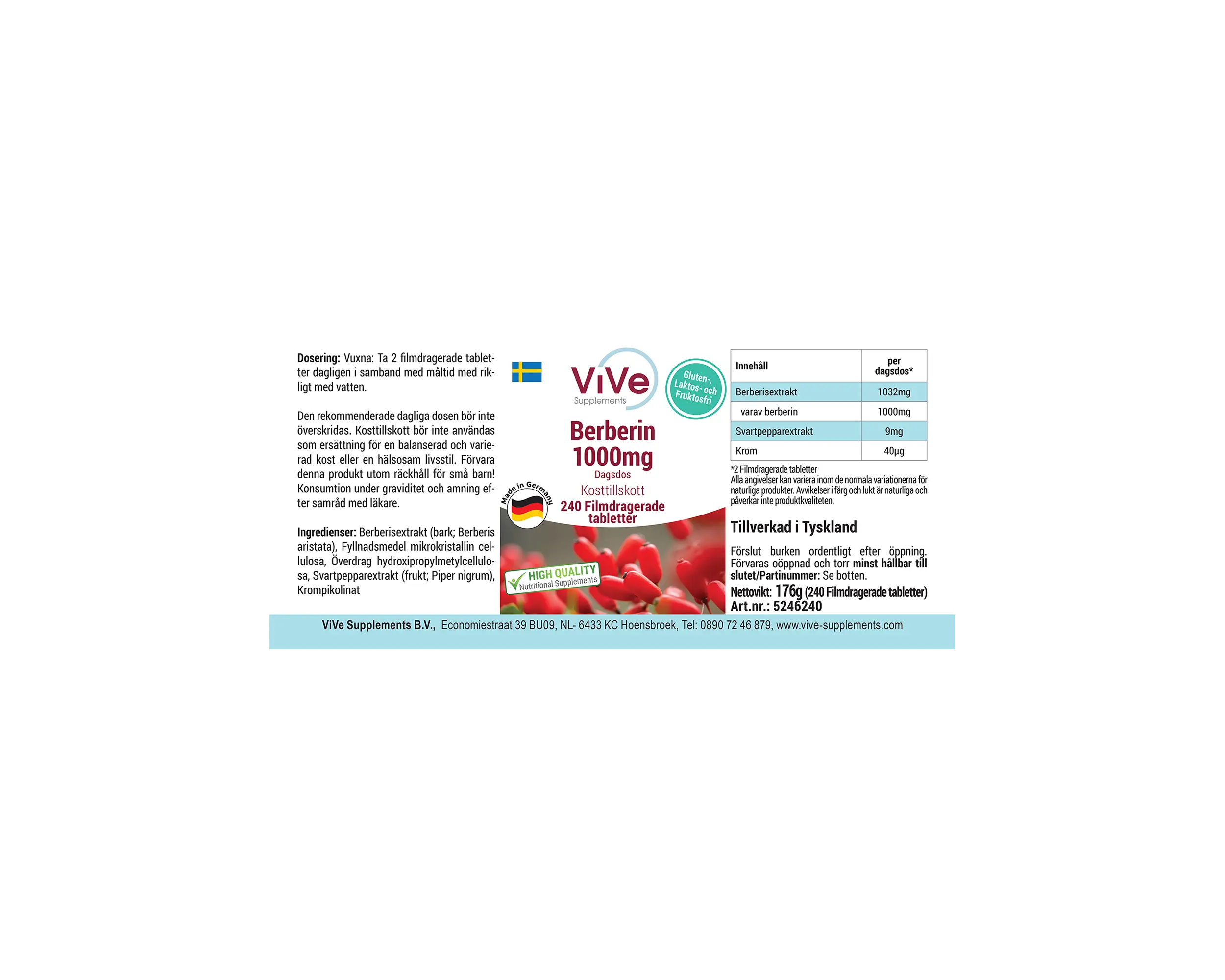 Berberin 1000mg - 240 Filmtabletten | Vive Supplements