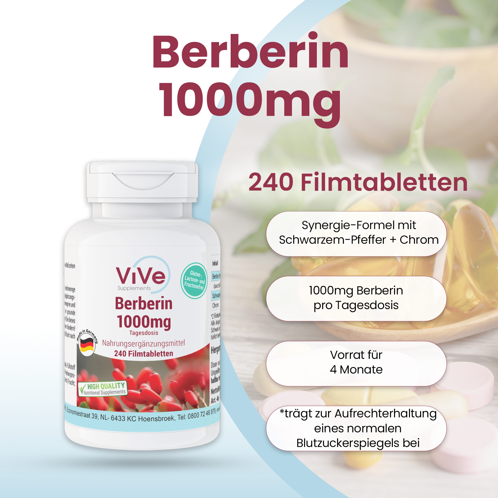 Berberine 1000mg - 240 Film-Coated Tablets | Vive Supplements