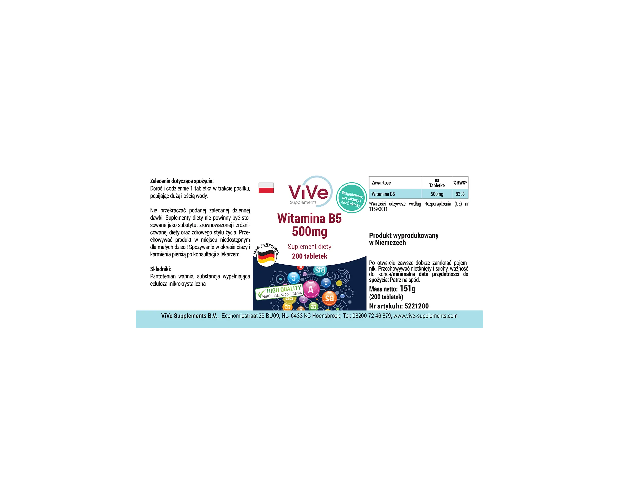 Vitamin B5 500mg - 200 Tabletten | Vive Supplements